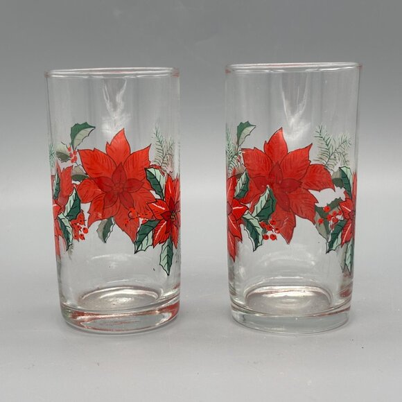 Vintage Poinsettia Christmas Drinking Glasses – Set of 2 Holiday Tumblers - Picture 4 of 6